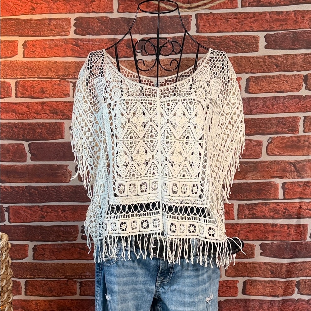 👚 Ecote Crochet Fringe Top Boho Festival Pullover — Ivory — XS NWOT / I